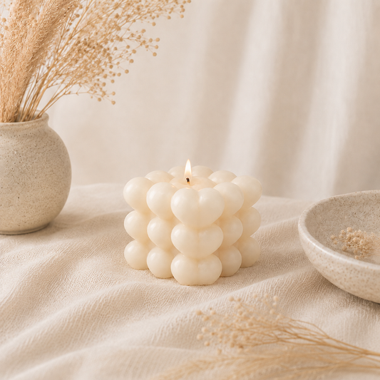 The Melting Eyes Bubble Heart candle side view showing bubble texture detail