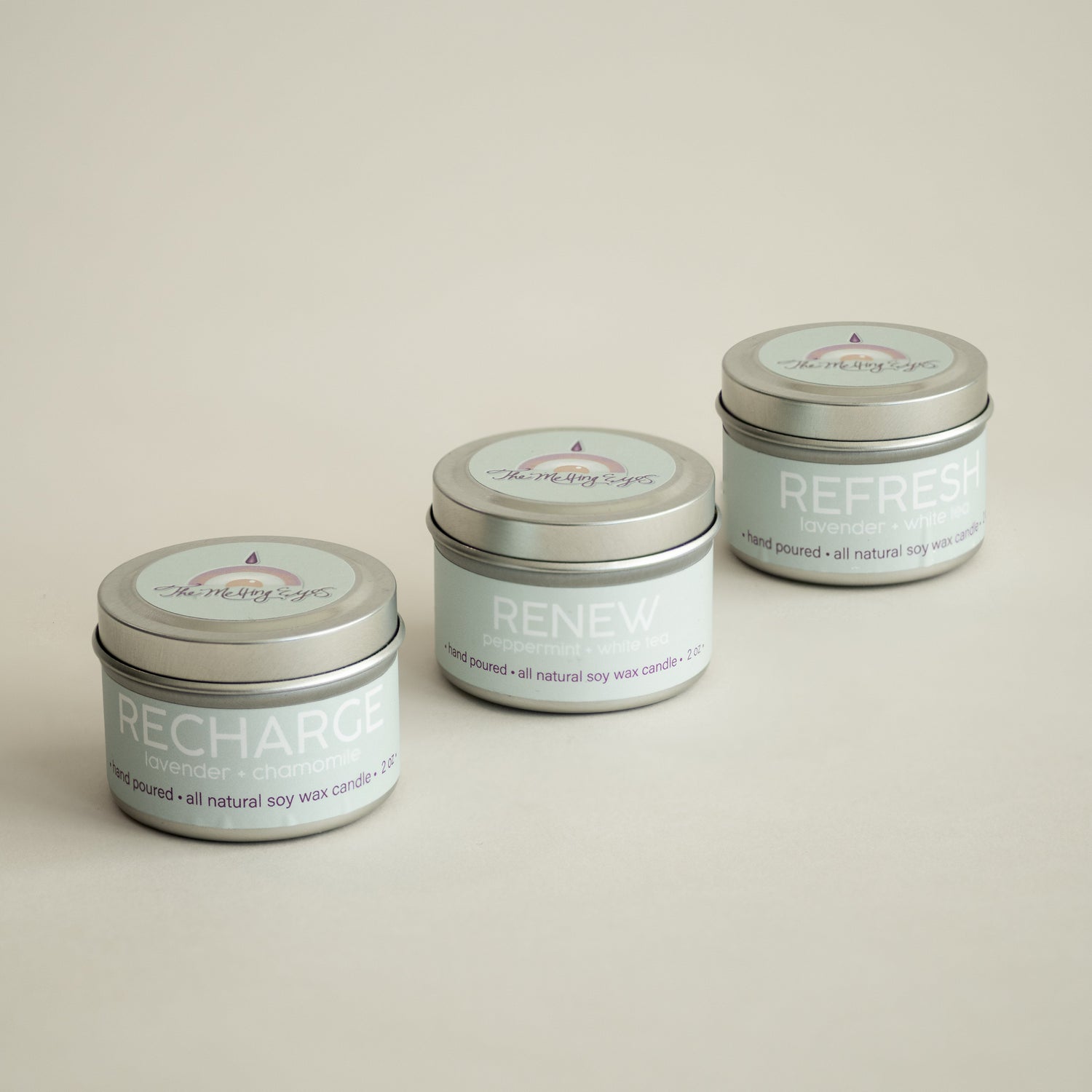candle flight with three different scents: lavender and white tea, lavender and chamomile, and peppermint and white tea