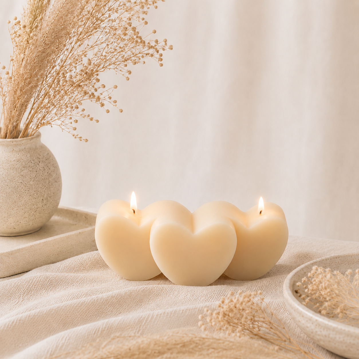 The Melting Eyes Three Hearts candle front view three heart shapes in a row