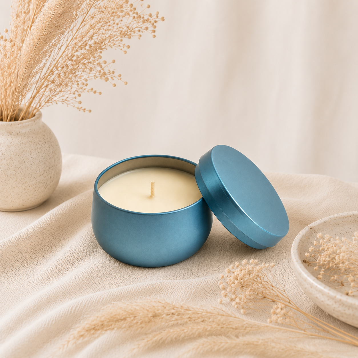 The Melting Eyes 8oz soy candle in blue tin
