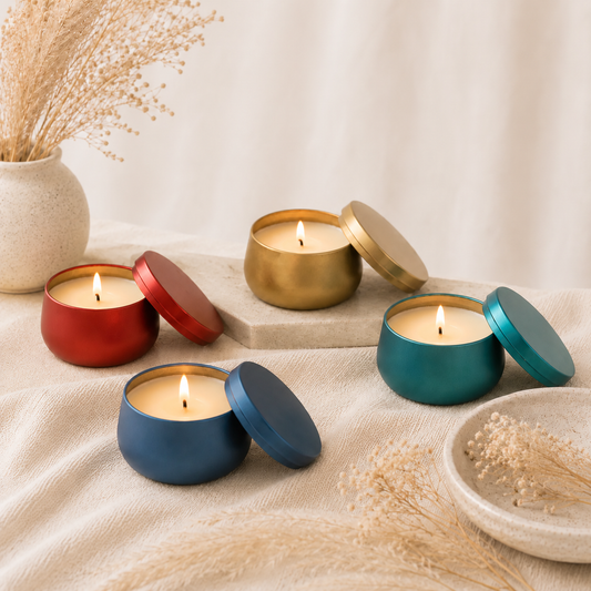 The Melting Eyes 8oz soy candles styled flatlay showing scent and color options