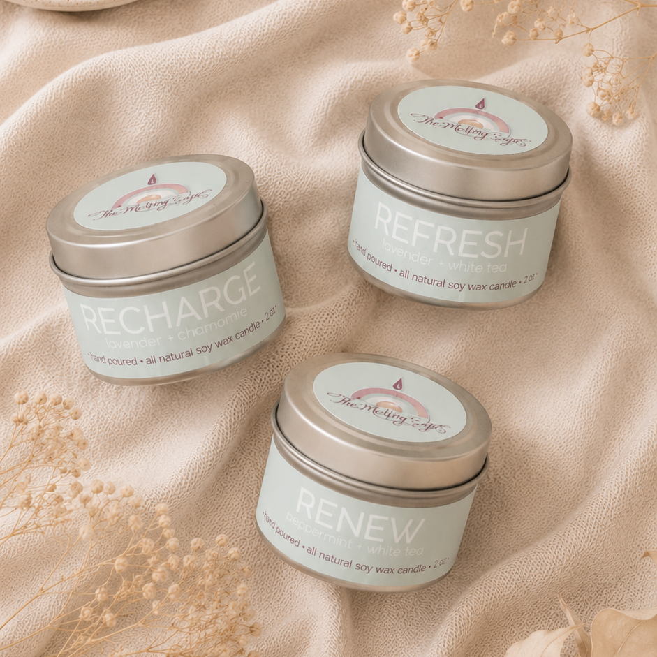 Three 2oz hand-poured soy candle tins from The Melting Eyes candle sampler set