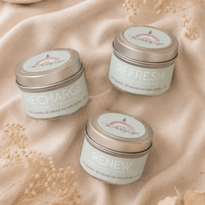 Three 2oz hand-poured soy candle tins from The Melting Eyes candle sampler set