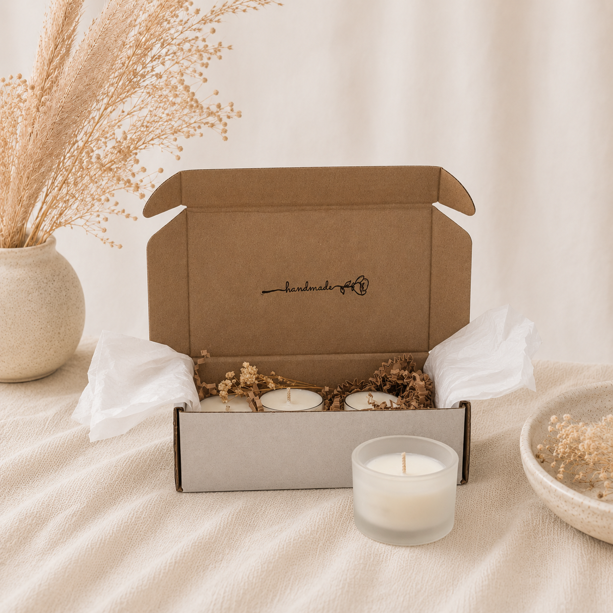 The Melting Eyes Discovery Kit tealights and candle holder gift set styled flat lay