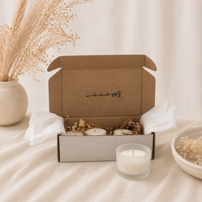 The Melting Eyes Discovery Kit tealights and candle holder gift set styled flat lay