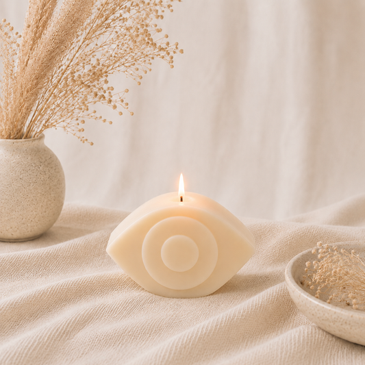 The Melting Eyes signature eye-shaped decorative soy candle side view