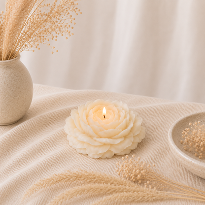 The Melting Eyes Peony Flower decorative soy candle front view
