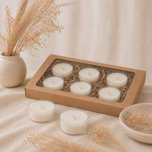 The Melting Eyes Tealight Candles 6-pack product shot showing all scent options