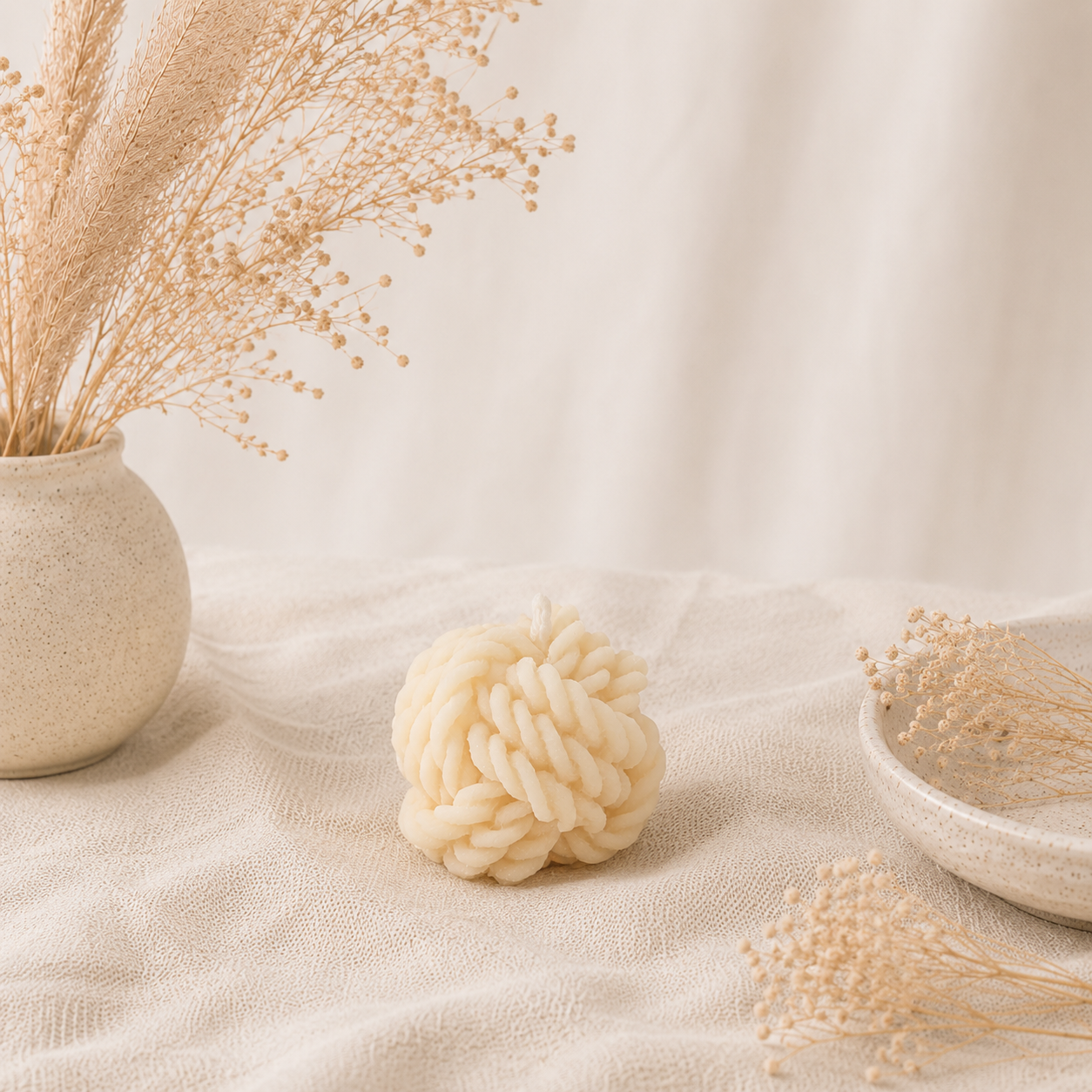 The Melting Eyes Wool Knot decorative soy candle front view