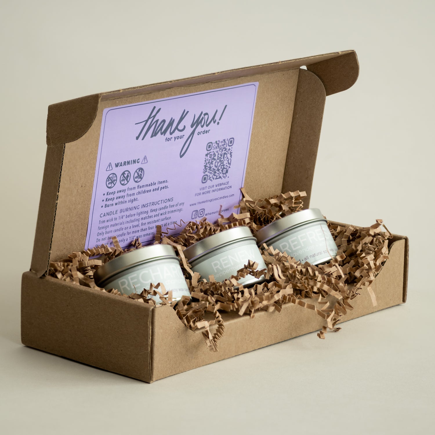 candle flight includes 3-pack of 2oz candles in a silver tin.